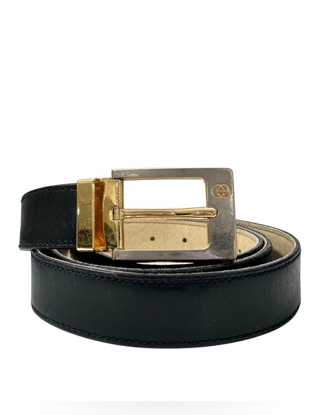 Gucci Black Leather & Silver Gold Engraved GG Belt - Picture 10 of 14